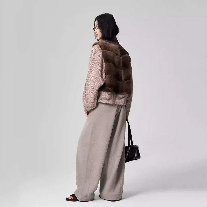 Women’s Blended Rex Rabbit Fur Jacket with Wool Knit Sleeves – Luxury Winter Coat - product detail image 2 by TRANSION