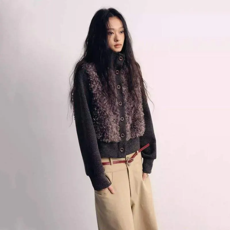 Women’s High Neck Faux Fur Patchwork Knit Cardigan – Relaxed Fit Cropped Jacket - product detail image 3 by TRANSION