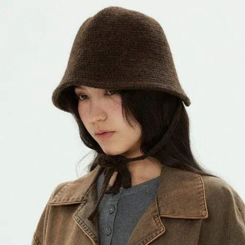 Vintage Knit Tie-Up Bucket Hat – Stylish Warm Winter Hat for Women - product detail image 3 by TRANSION