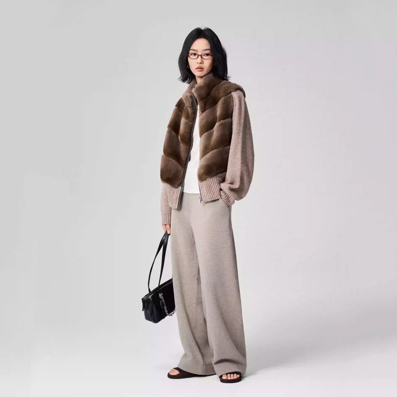 Women’s Blended Rex Rabbit Fur Jacket with Wool Knit Sleeves – Luxury Winter Coat - Image 3