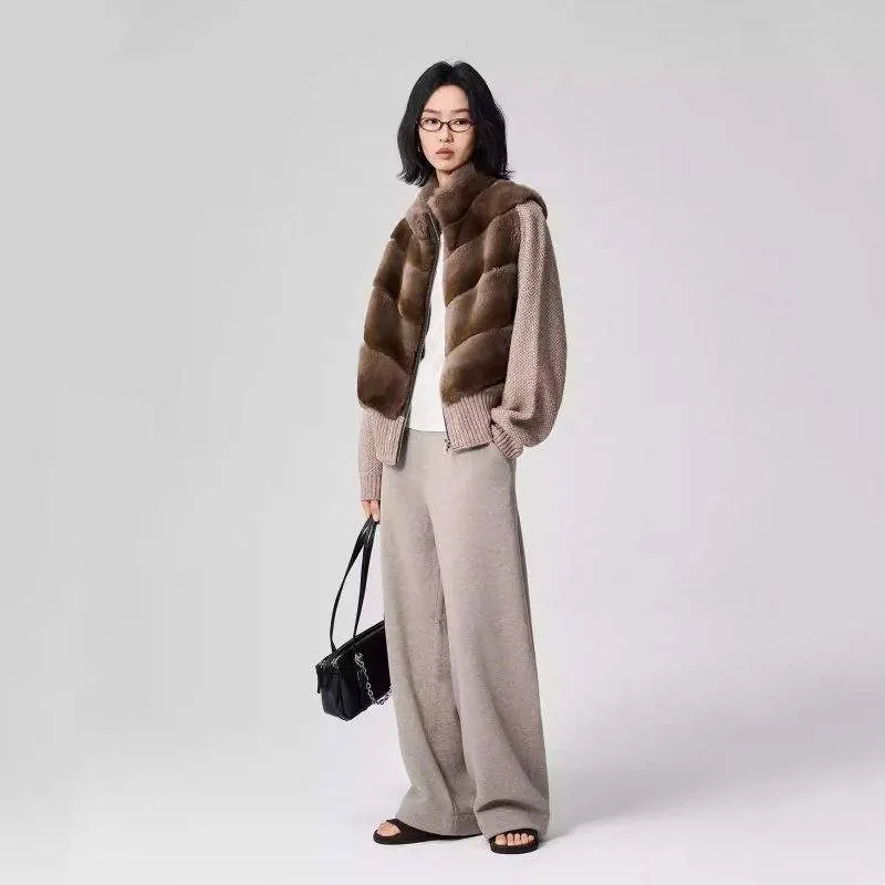 Women’s Blended Rex Rabbit Fur Jacket with Wool Knit Sleeves – Luxury Winter Coat - product detail image 3 by TRANSION