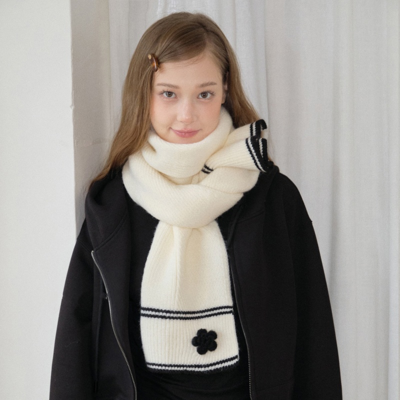 Soft Striped Floral Knit Scarf – Thick and Warm Winter Scarf for Women