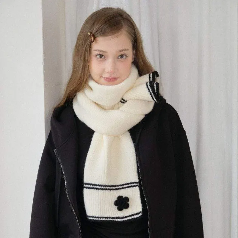 Soft Striped Floral Knit Scarf – Thick and Warm Winter Scarf for Women - custom OEM apparel by TRANSION
