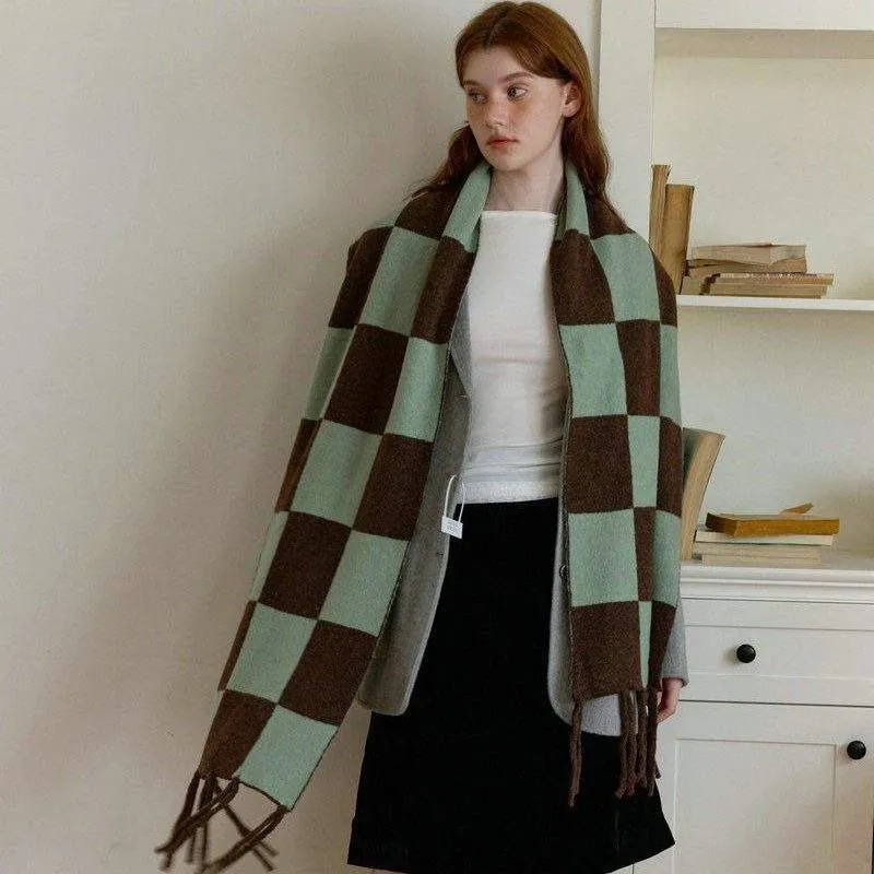 Winter Checkered Knit Scarf | Colorblock Tassel Neck Warmer - product detail image 3 by TRANSION