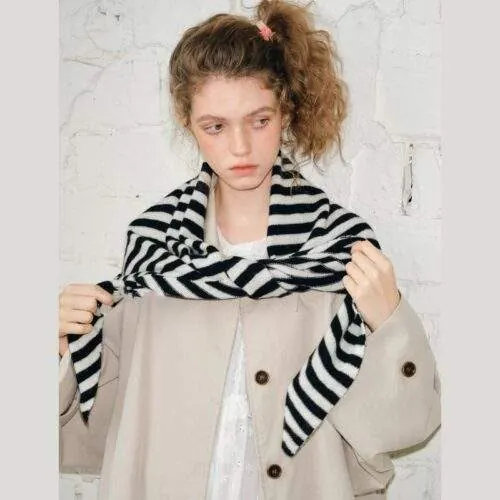 Oversized Wool-Blend Striped Triangle Knit Scarf – Warm Winter Scarf for Women - product detail image 2 by TRANSION