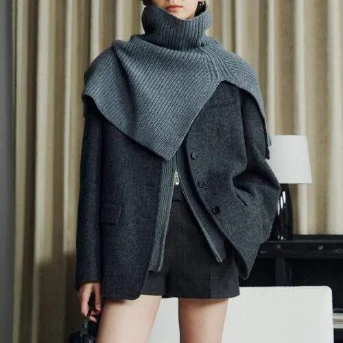 Wool High-Neck Split Knit Shawl – Warm Oversized Winter Neck Wrap - product detail image 3 by TRANSION