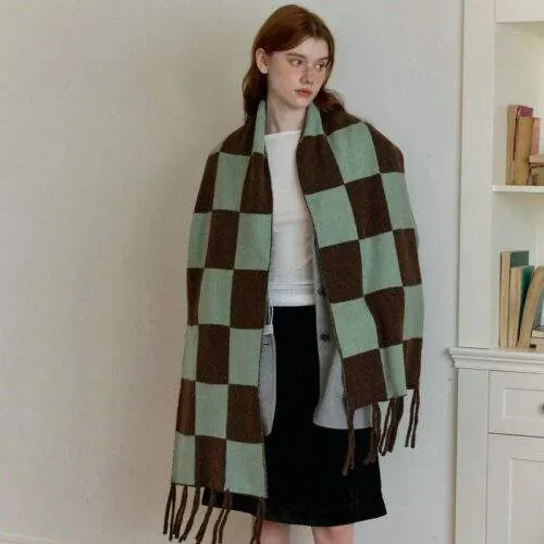 Winter Checkered Knit Scarf | Colorblock Tassel Neck Warmer - custom OEM apparel by TRANSION