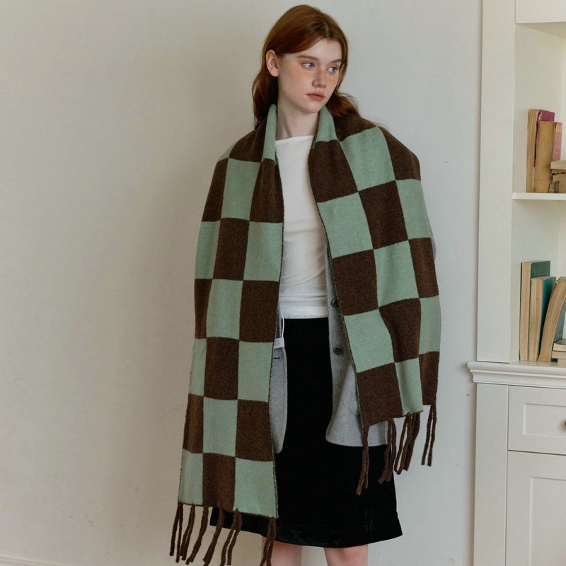 Winter Checkered Knit Scarf | Colorblock Tassel Neck Warmer