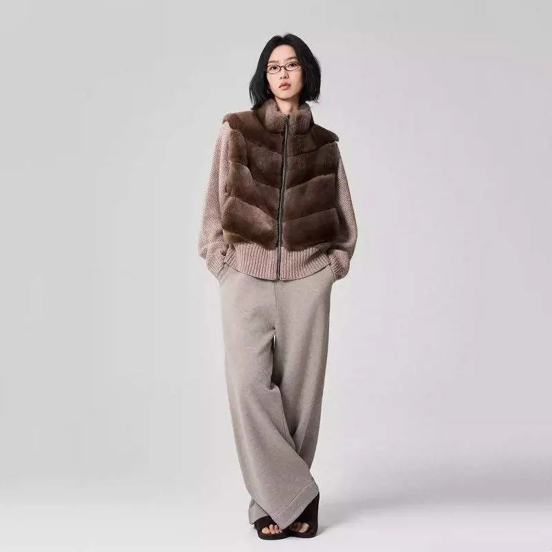 Women’s Blended Rex Rabbit Fur Jacket with Wool Knit Sleeves – Luxury Winter Coat - product detail image 1 by TRANSION