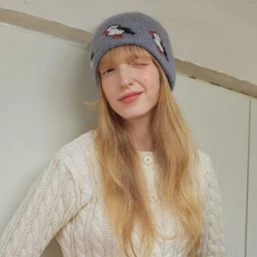 Rabbit Hair Blend Jacquard Knit Beanie – Warm Winter Hat for Women - product detail image 1 by TRANSION