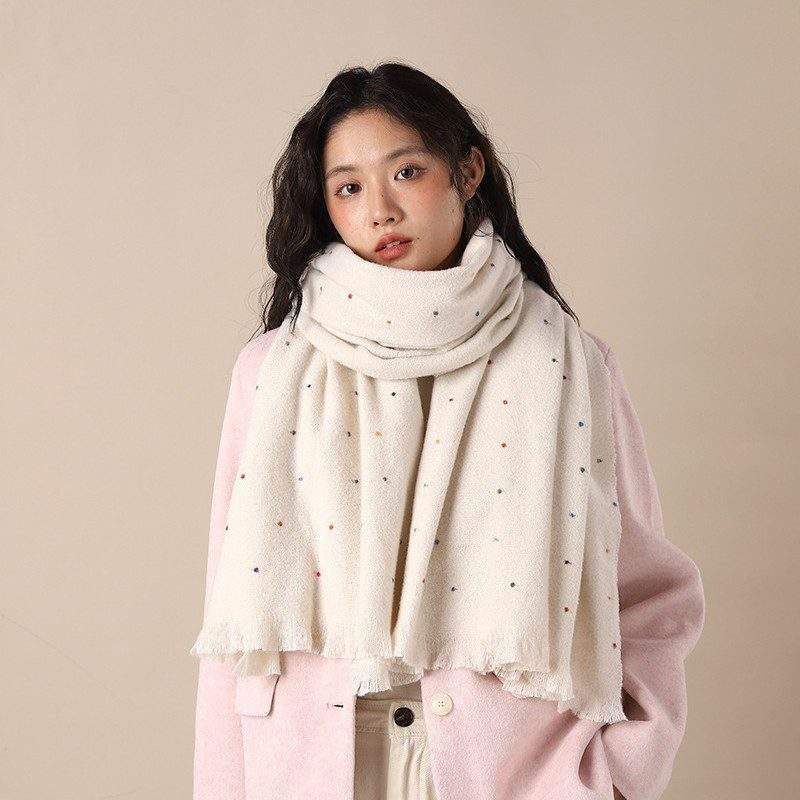 Solid Color Polka Dot Fringe Scarf | Warm Autumn Winter Scarf for Women
