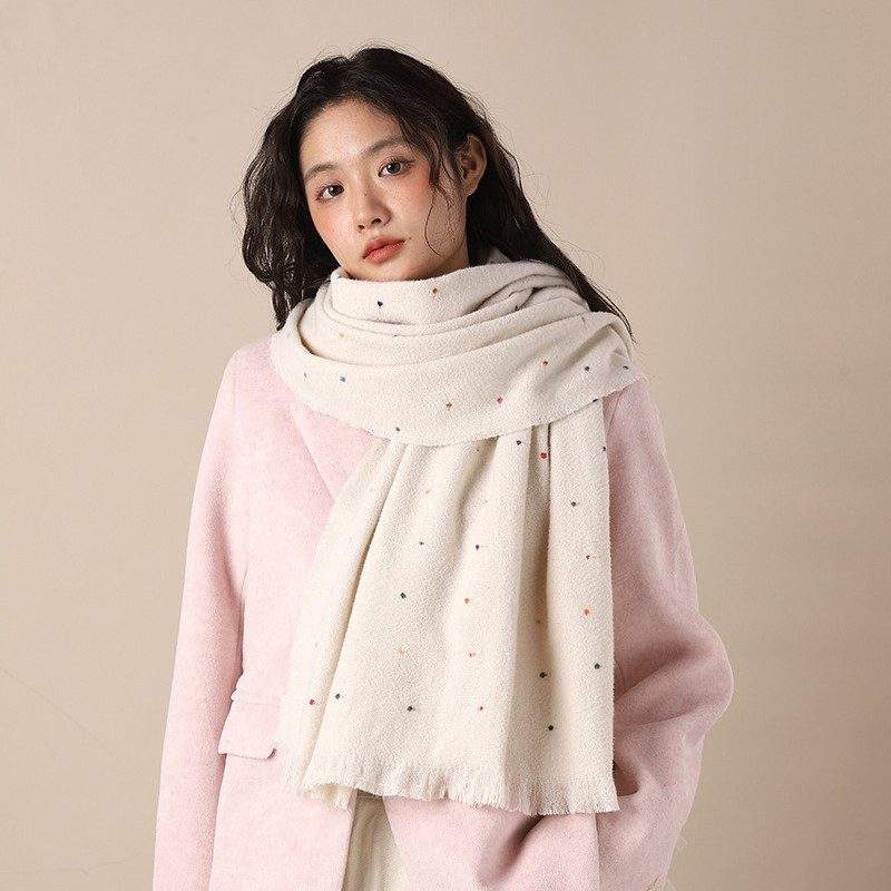 Solid Color Polka Dot Fringe Scarf | Warm Autumn Winter Scarf for Women - Image 2