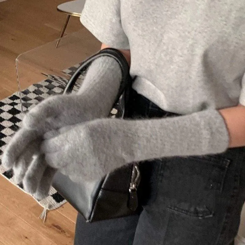 Women’s Long Rabbit-Hair Winter Gloves | Warm Thick Knit Five-Finger Gloves - product detail image 1 by TRANSION