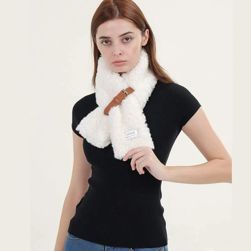 Solid Color Furry Neck Warmer – Thickened Winter Warm Scarf with Buckle - product detail image 2 by TRANSION