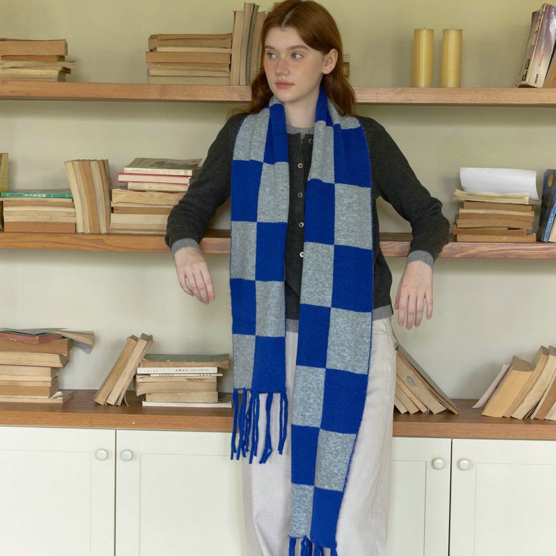 Winter Checkered Knit Scarf | Colorblock Tassel Neck Warmer - Image 4
