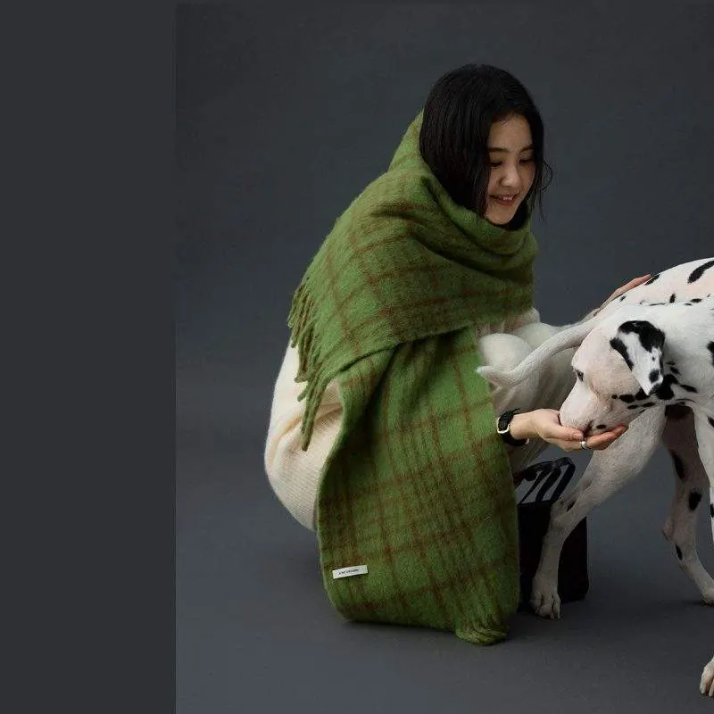 Wool Plaid Fringe Scarf | Warm & Versatile Winter Scarf for Women - product detail image 2 by TRANSION