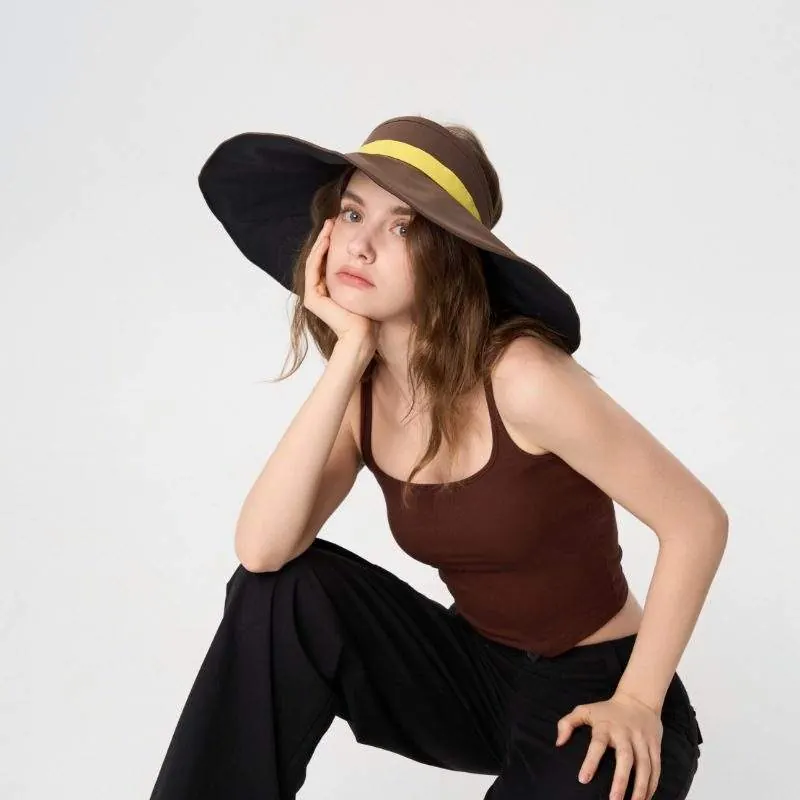 Extra-Wide Brim Color-Block Visor Hat – Breathable Open-Top Sun Protection Cap - product detail image 2 by TRANSION