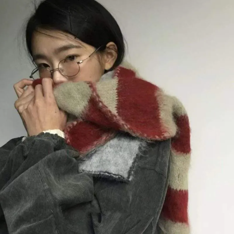 Fluffy Mohair Striped Warm Neck Warmer | Soft Thick Winter Knit Scarf - product detail image 2 by TRANSION