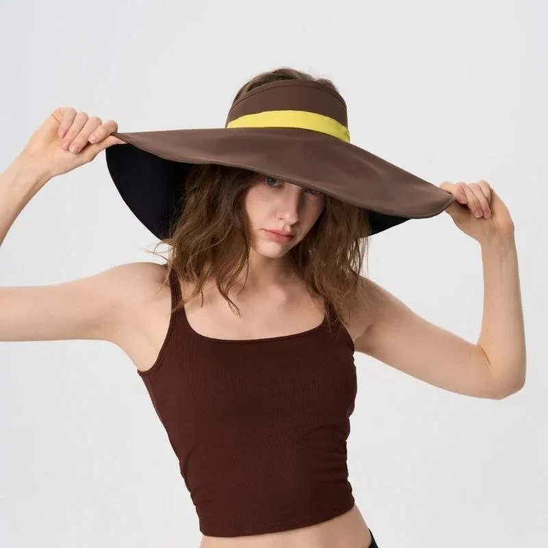 Extra-Wide Brim Color-Block Visor Hat – Breathable Open-Top Sun Protection Cap - product detail image 3 by TRANSION