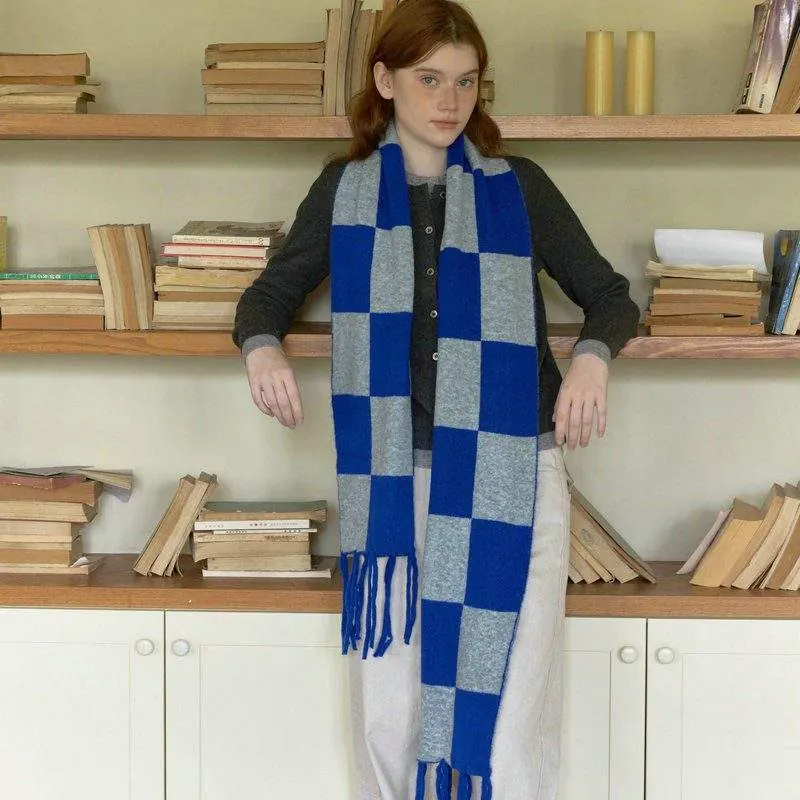 Winter Checkered Knit Scarf | Colorblock Tassel Neck Warmer - product detail image 2 by TRANSION