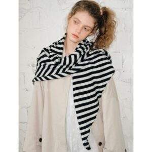 Oversized Wool-Blend Striped Triangle Knit Scarf – Warm Winter Scarf for Women - product detail image 1 by TRANSION