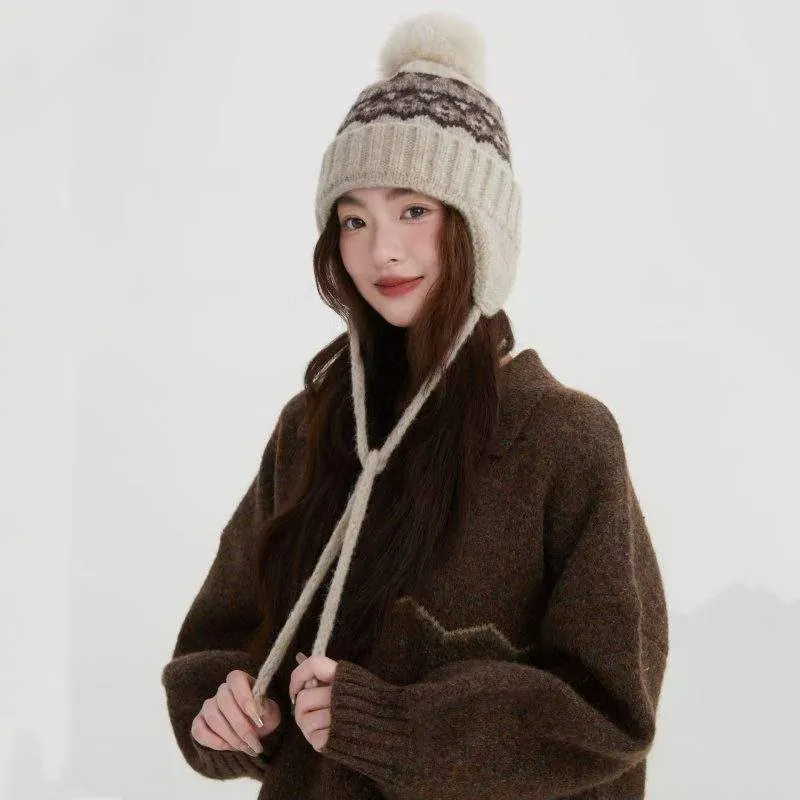 Vintage Knit Earflap Hat for Women | Winter Warm Thick Beanie - product detail image 2 by TRANSION