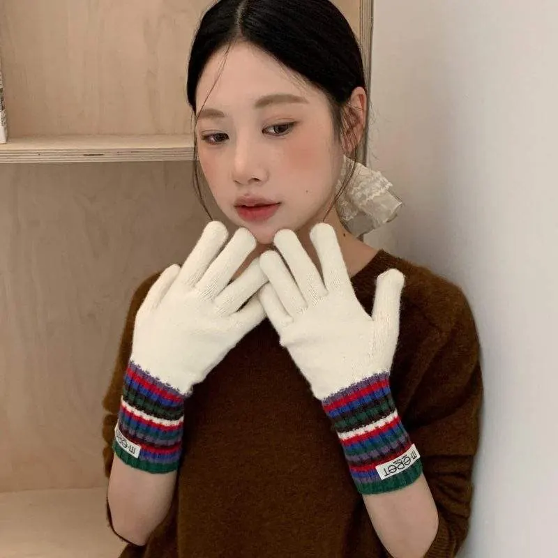 Women’s Color-Block Striped Knit Gloves | Warm Thick Winter Knitted Gloves - product detail image 3 by TRANSION