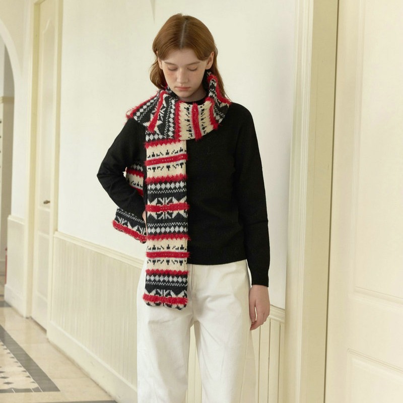 Fair Isle Black & Red Scarf | Warm Winter Colorblock Scarf - Image 3