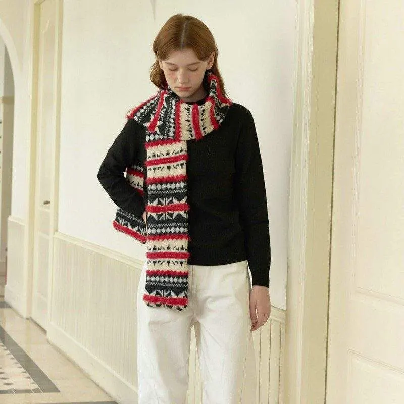 Fair Isle Black & Red Scarf | Warm Winter Colorblock Scarf - product detail image 2 by TRANSION