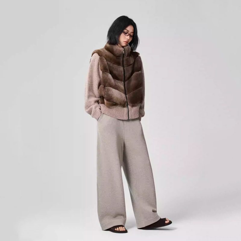 Women’s Blended Rex Rabbit Fur Jacket with Wool Knit Sleeves – Luxury Winter Coat - Image 2