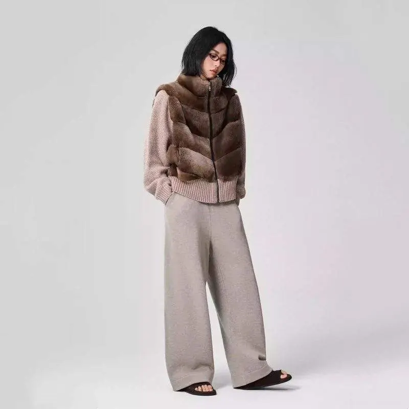 Women’s Blended Rex Rabbit Fur Jacket with Wool Knit Sleeves – Luxury Winter Coat - product detail image 4 by TRANSION