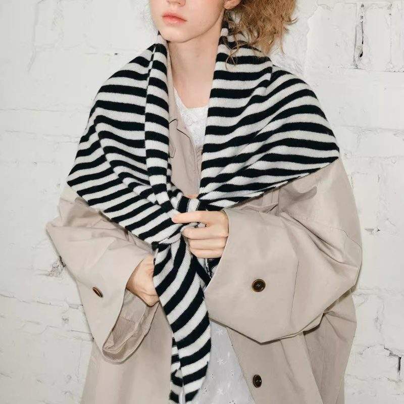 Oversized Wool-Blend Striped Triangle Knit Scarf – Warm Winter Scarf for Women