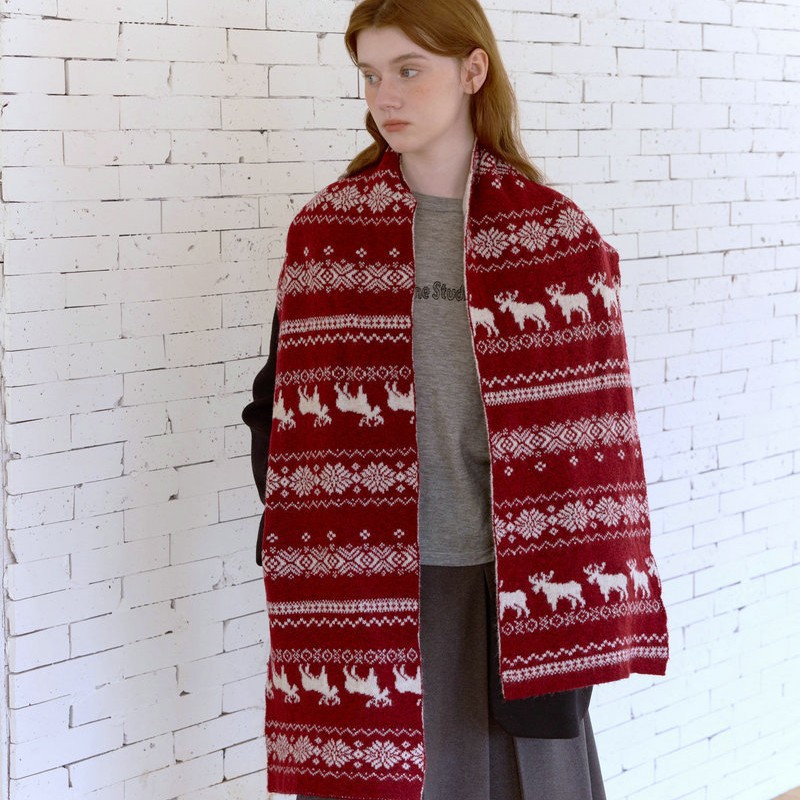 Reversible Reindeer Jacquard Knit Scarf | Women’s Vintage Winter Warm Scarf - Image 2