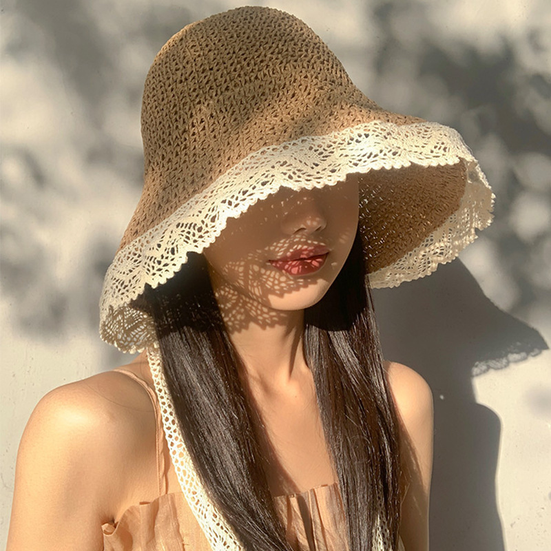 Summer Crochet Straw Hat with Foldable Wide Brim