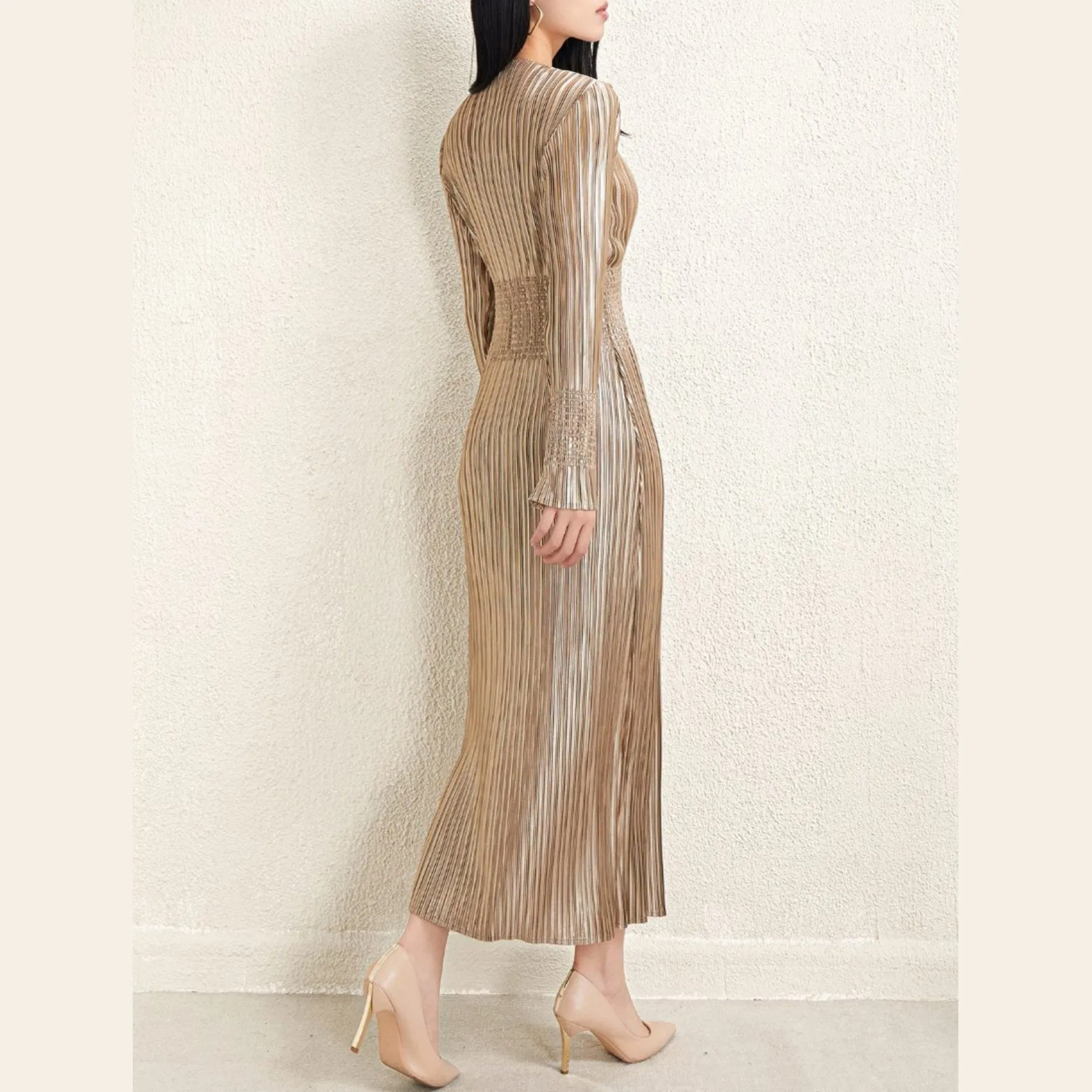 Spring Autumn Ladies Maxi Long Pleated Waist Dress Knife pleated skirt factory - Image 2
