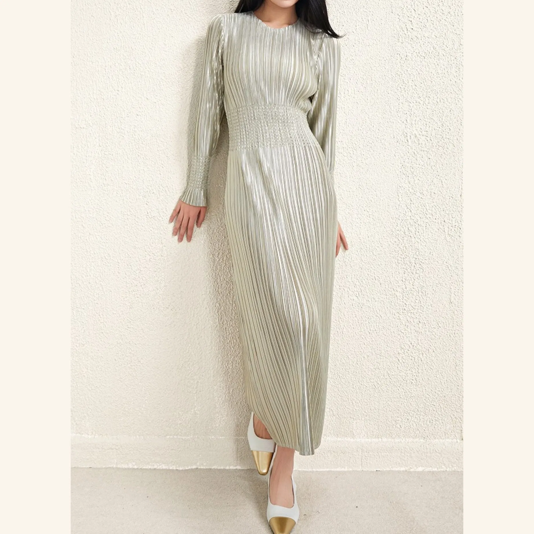 Spring Autumn Ladies Maxi Long Pleated Waist Dress Knife pleated skirt factory - Image 3