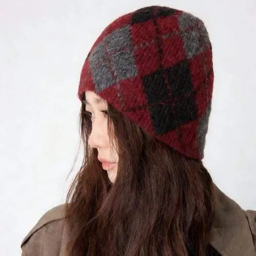 Classic Argyle Color Block Knit Beanie – Casual Warm Wool Hat - product detail image 3 by TRANSION