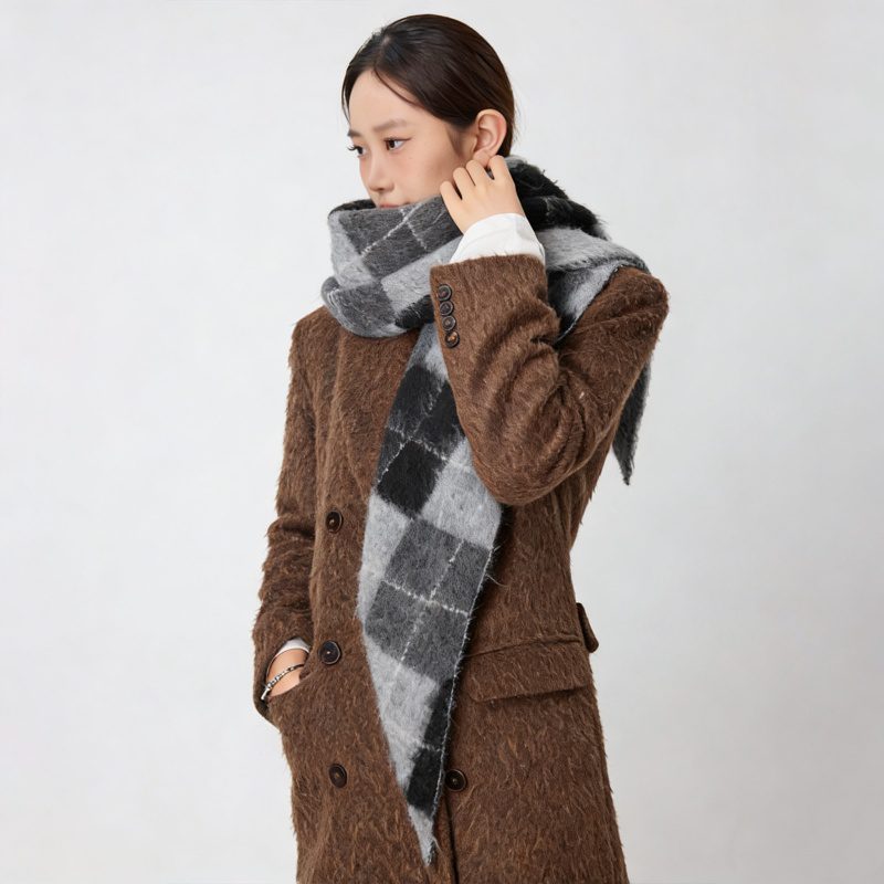Vintage Diamond Jacquard Plaid Cotton Wool Triangle Scarf – Women’s Winter Neck Wrap - Image 4
