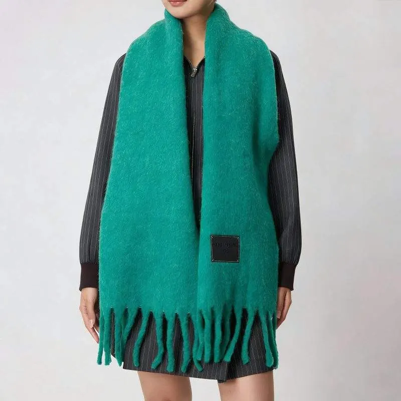 Women’s Solid Color Fringe Wool Scarf – Thick & Warm Winter Shawl - product detail image 2 by TRANSION