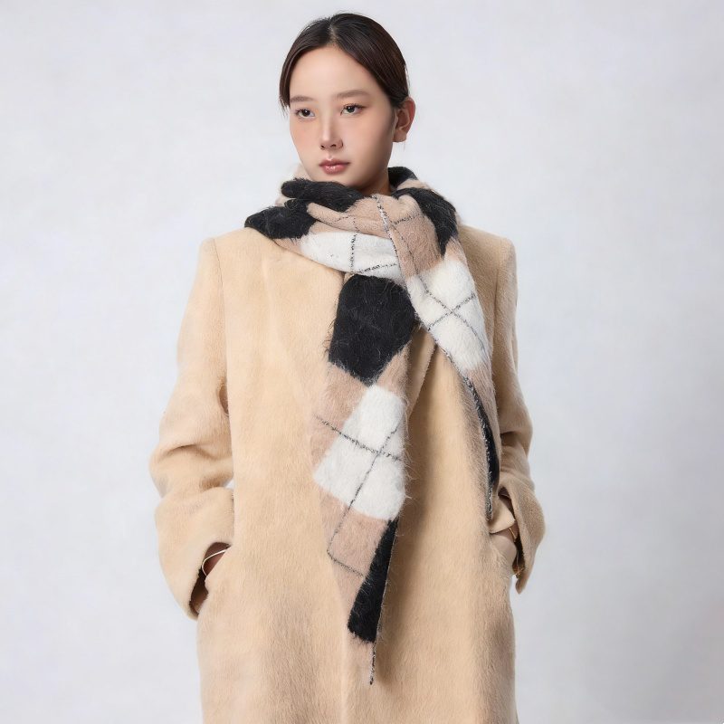 Vintage Diamond Jacquard Plaid Cotton Wool Triangle Scarf – Women’s Winter Neck Wrap - Image 2