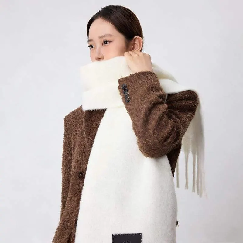 Women’s Solid Color Fringe Wool Scarf – Thick & Warm Winter Shawl - product detail image 3 by TRANSION