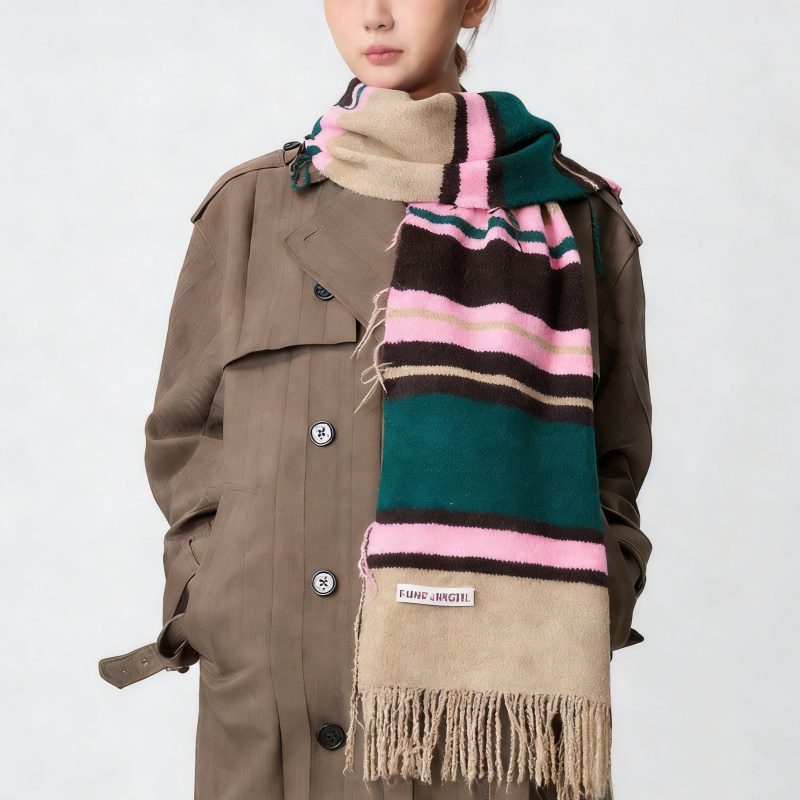 Striped Wool Knit Plush Neck Warmer Scarf for Winter - Image 4