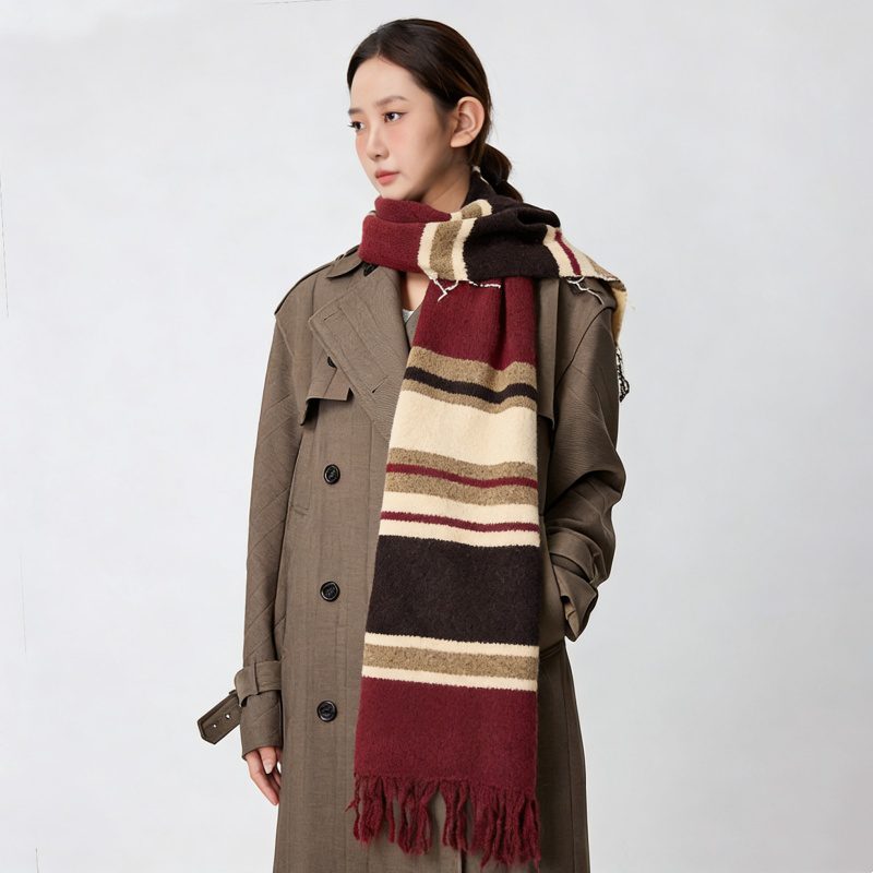 Striped Wool Knit Plush Neck Warmer Scarf for Winter - Image 3