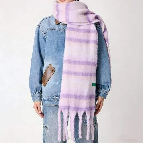 Thick Warm Plush Fringe Striped Scarf Versatile for Fall Winter - product detail image 1 by TRANSION