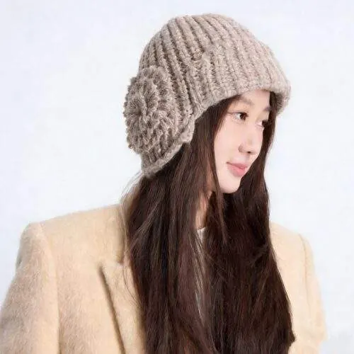 Fall Winter Floral Knit Beanie Hat Warm Solid Color Minimal Style - product detail image 3 by TRANSION