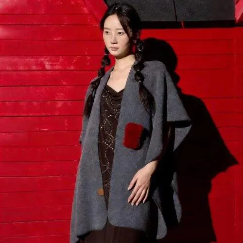 Wool Blend Knit Shawl with Button Long Versatile Wrap - custom OEM apparel by TRANSION