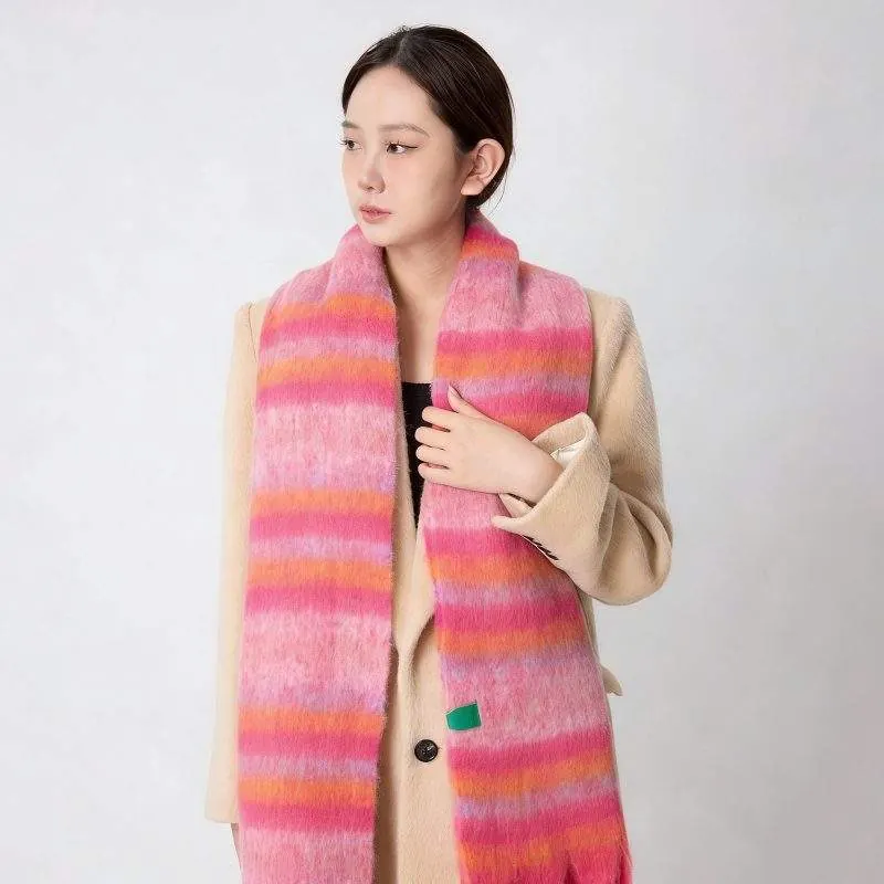 Thick Warm Plush Fringe Striped Scarf Versatile for Fall Winter - product detail image 2 by TRANSION