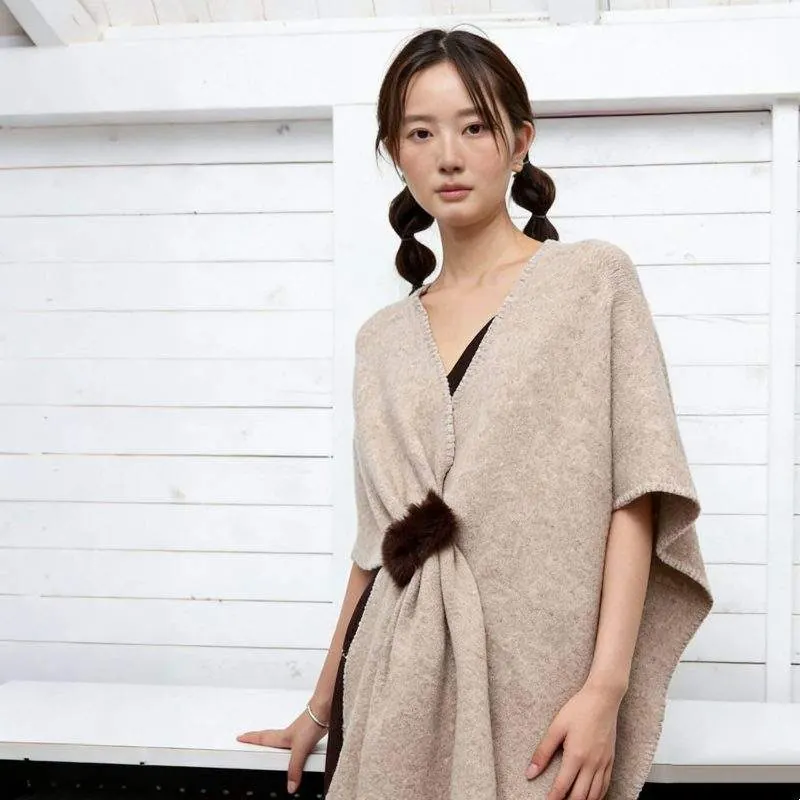 Wool Blend Knit Shawl with Button Long Versatile Wrap - product detail image 3 by TRANSION