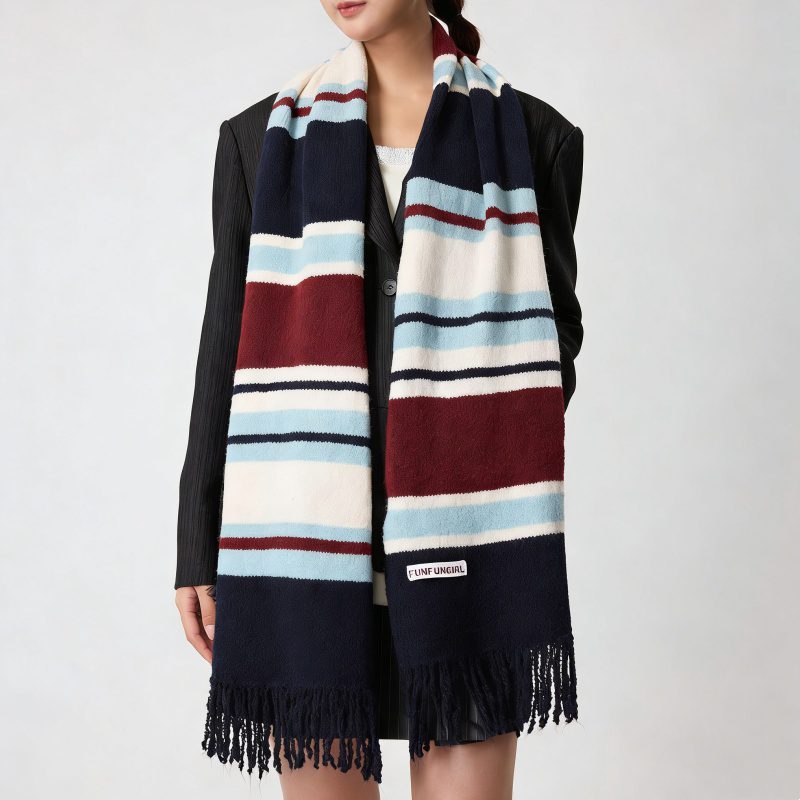 Striped Wool Knit Plush Neck Warmer Scarf for Winter