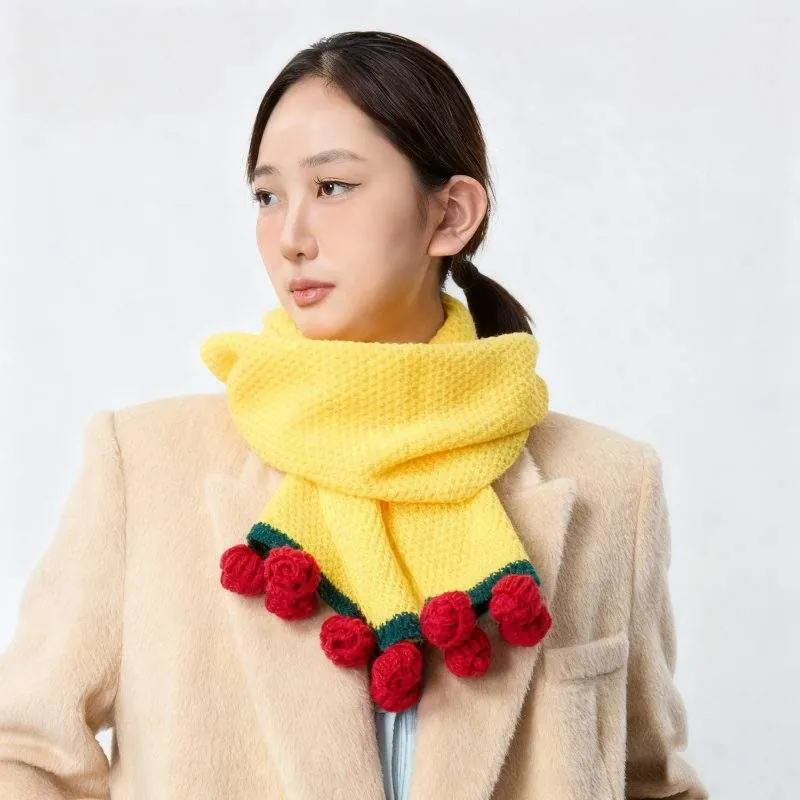 Handmade Rose Knit Warm Scarf for Women | Soft Thick Autumn Winter Neck Warmer - product detail image 2 by TRANSION
